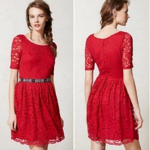 Anthropologie Bordeaux fit and flare red lace dress
